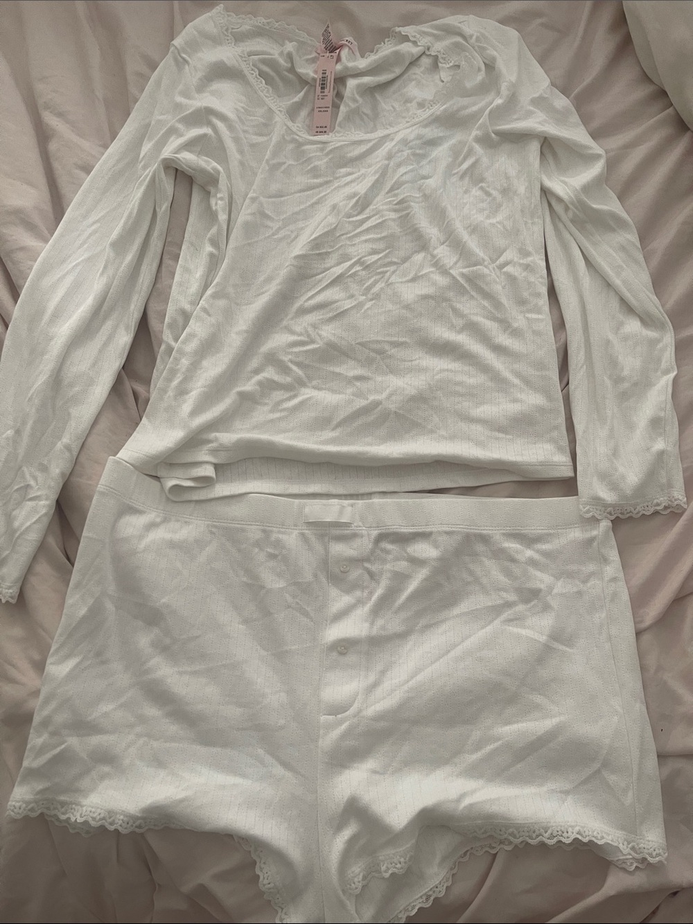Victoria's Secret White Lace-Trim Long Sleeve Top & Boxer Shorts Sleep Set